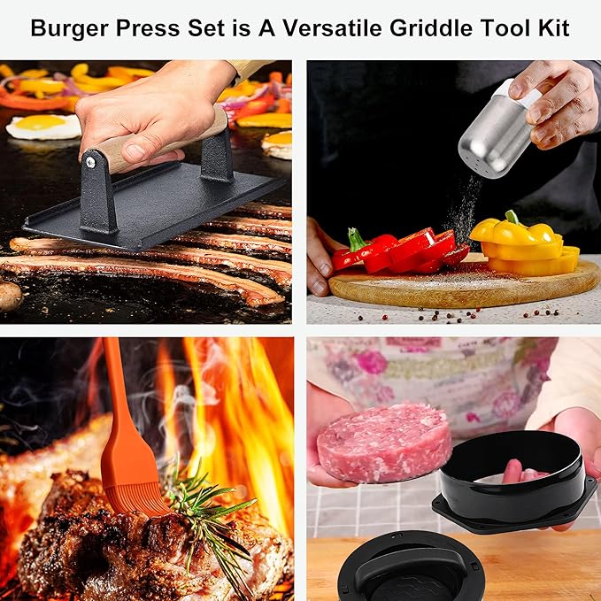 POLIGO 5PCS Smash Burger Press Kit - 4 in 1 Hamburger Patty Storage Containers, 7.68"X4.1" Cast Iron Smash Bacon Press - Non Stick Smash Burger Press Set for Grill and Griddle Cooking, Black Rectangle