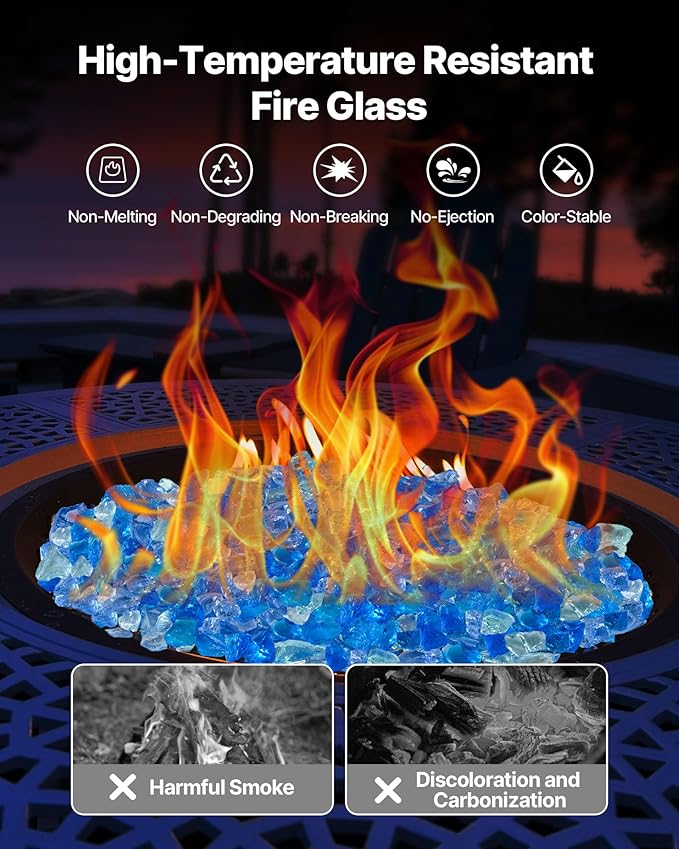 VEVOR Fire Glass, 10 lbs, Aqua Blue + Caribbean Blue + Aqua Green, 3/4 Inch High-Temperature Resistant Reflective Glass Rocks, Smokeless Fire Pit Stones for Outdoor Table & Landscaping