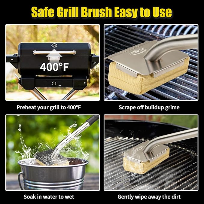 Bristle-Free Steam Grill Brush for Outdoor Barbecue, Safe for Cast Iron Grates, Includes Replacement Pads