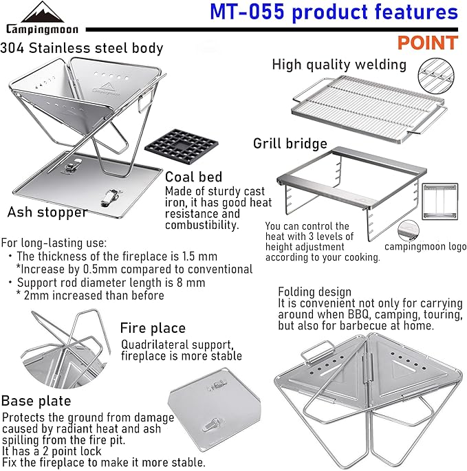 Campingmoon BBQ Grill Fire Pit Foldable Stainless Steel - Extra Large MT-055