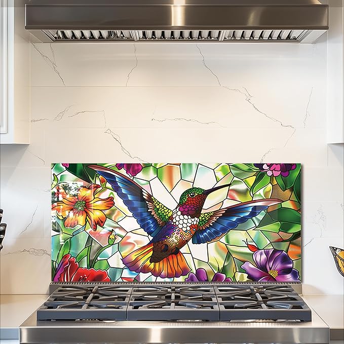 fzxwyishu Tempered Glass Kitchen Backsplash, Stove Back Top Cover, Splashback Tile,Hummingbird Kitchen Sink Cover Splash Guard, Home Kitchen Decor (Art Deco 2, 30"x14"(76.2x35.56cm))