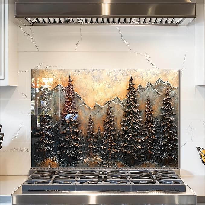 fzxwyishu Tree of Life,Tempered Glass Backsplash For Kitchen Behind Stove,Easy to Clean Kitchen Sink Cover Splash Guard, Home Kitchen Décor (brown, 30"x20"(76.2x50.8cm))