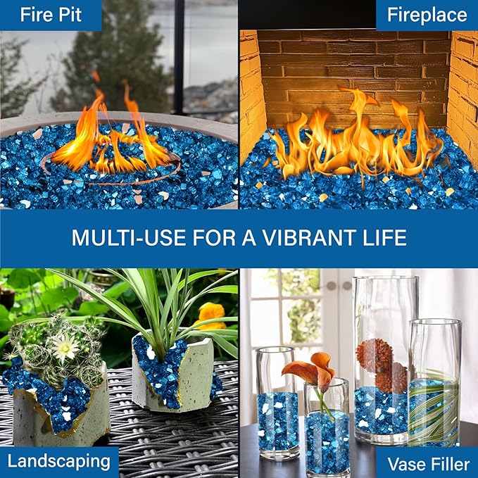 NUPICK 20 Pound Fire Glass, 1/4 Inch Reflective Fire Pit Glass, Tempered Firepit Glass Rock for Propane or Natural Gas, Glass Rocks for Fire Pit Table or Fireplace, Pacific Blue Reflective