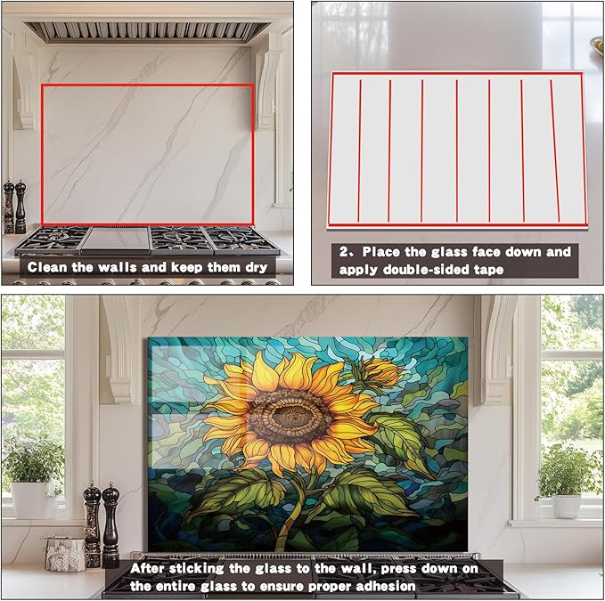 Evgosm Tempered Glass Backsplash for Kitchen, sunflower Stove Splashback, Glass Backsplash, Used for Kitchen Wall Protection and Decoration, Easy to Install and Clean. (30x18'')