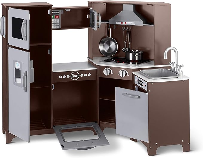 Amazon Basics Kids Corner Interactive Wooden Play Kitchen Set, Stove, Oven, Sink, Fridge and Accessories for Toddlers, Preschoolers, Children Age 3+ Years, Espresso/Gray, 39.37"L x 28.35"W x 35.04"H