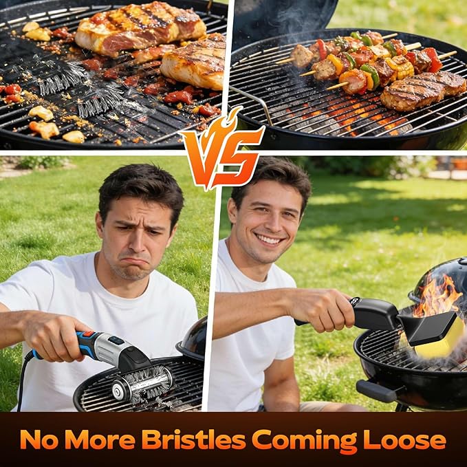 Reciprocating Electric Grill Brush, Bristle-Free Grill Brush for Outdoor Grill, BBQ Grill Brush, Grill Cleaner with 3 Replaceable Brush Heads, No Splash, Effort-Saving, Deep Cleaning, Black