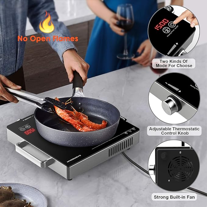 Hot Plate Electric Single Burner 1500W Portable Burner for Cooking with Adjustable Temperature & Stay Cool Handles, Stainless Steel Easy To Clean, Non-Slip Rubber Feet, Compatible for All Cookwares