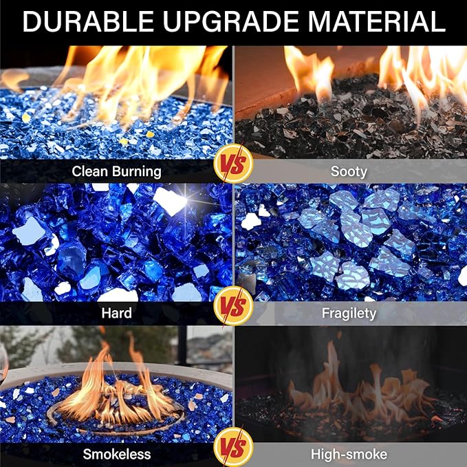 NUPICK 5 Pound Fire Glass, 1/2 Inch Reflective Fire Pit Glass, Tempered Firepit Glass Rock for Propane or Natural Gas, Glass Rocks for Fire Pit Table, Fireplace Glass for Landscaping, Blue