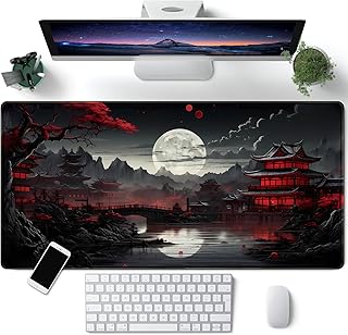 Japanese Desk Mat Riverside Full Moon Desk Pad Black Red Large Mouse Pad Gaming Mousepad Extended XXL Keyboard Pad 31.5 x 15.7 in Laptop Computer Mouse Keyboard Mat for Office Desk Decor