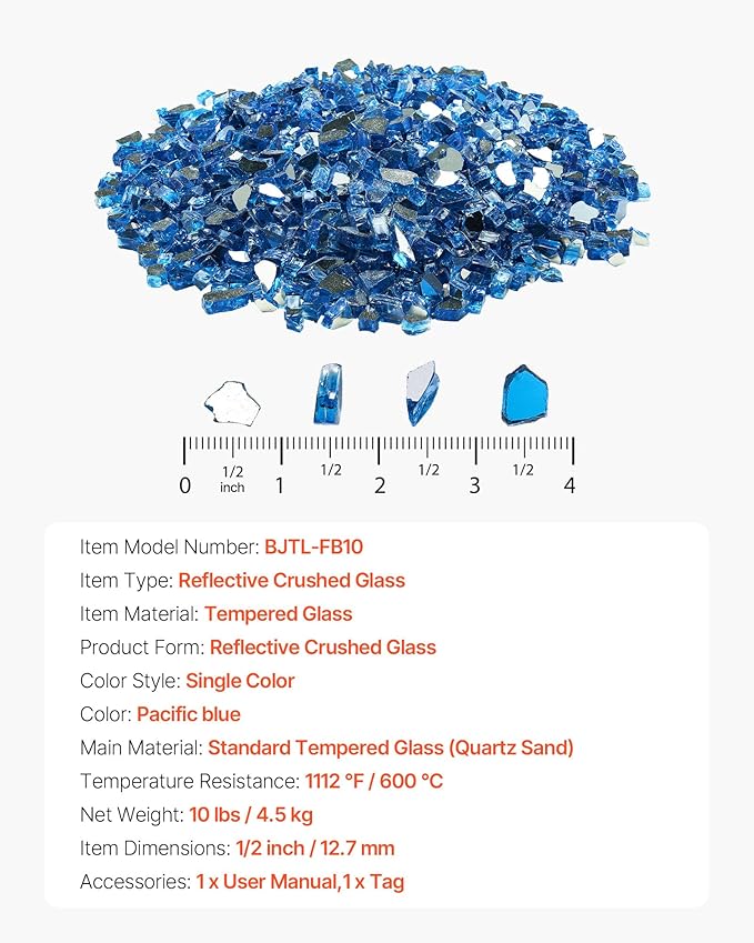 VEVOR Fire Glass, 10 lbs, Pacific Blue, 1/2 Inch High-Temperature Resistant Reflective Glass Rocks, Smokeless Fire Pit Stones for Outdoor Table & Landscaping