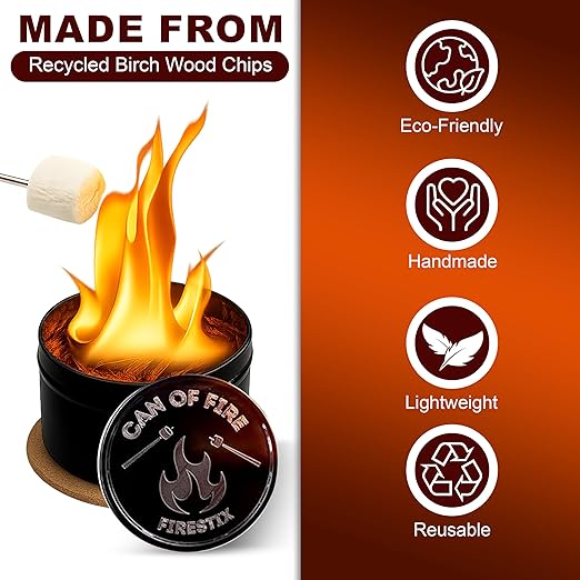 [2-Pack] Can of Fire Tabletop Mini Bonfires – 2–3 Hour Burn Time – Made from Recycled Wood Chips & Paraffin Wax – Includes Safety Coasters – Reusable Flame for Camping, Ambiance, and Emergency Heat