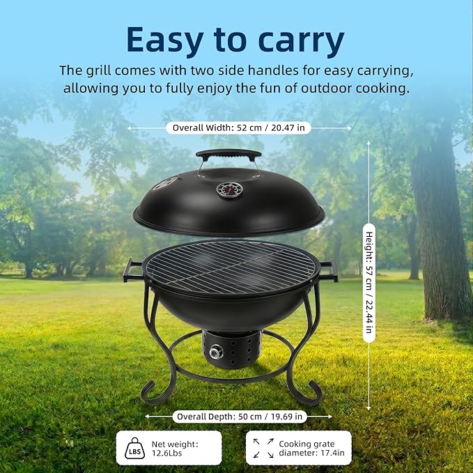 Portable Charcoal Grill with Built-In Thermometer, Adjustable Air Vent & Easy Cleanup, Portable BBQ Grill for Camping, Tailgating, Picnics and Small Backyard Cookouts, Easy-to-Carry Outdoor Grill