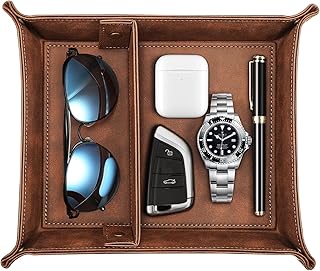 SITHON Valet Tray Desktop Storage Organizer, Removable 2 Compartments Catchall Tray Bedside Vanity Nightstand Caddy Holder Desk Storage Plate, Valentine's Day Gift, Brown