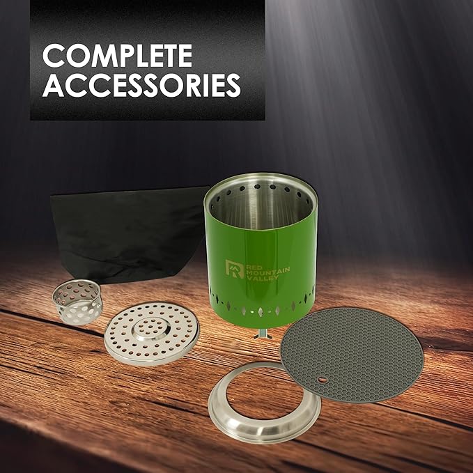 Red Mountain Valley Smokeless Tabletop Fire Pit with Mat, Portable Mini Low Smoke Camping Stove, with Travel Bag and Fireproof Mat, Stainless Steel Green, for Outdoor Enthusiasts