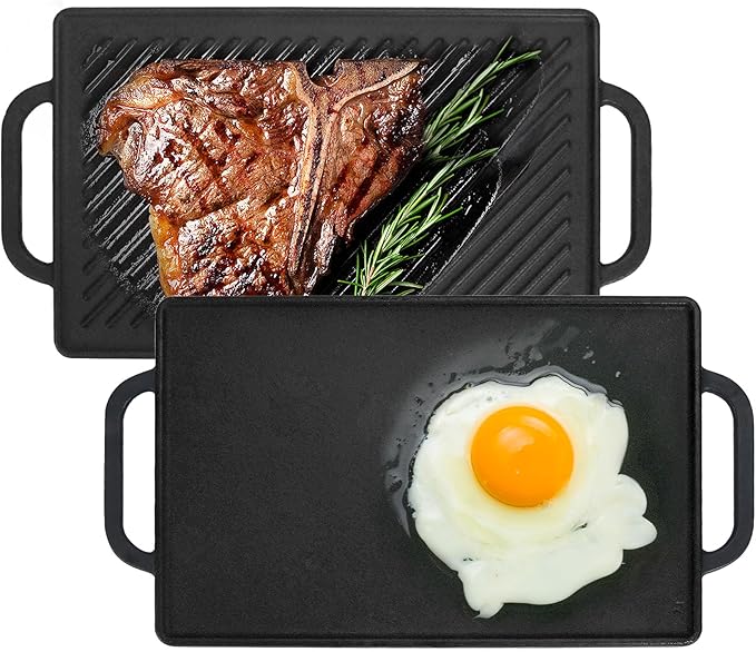 GasSaf Small Cast Iron Griddle 13x8.25 for Double Burner Stove Top, Double Sided Reversible Cooking Pan for Gas Grill Top Outdoor Camping, Gas Stovetop Grill Flat Griddle Pan Cast Iron Kitchen Cooking