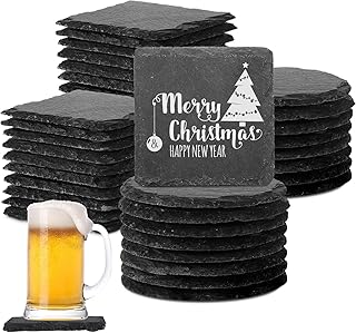 Hoolerry 72 Pcs Slate Coasters Bulk 4 Inch Round Black Drink Coaster Square for Natural Laser Engraving Edge Blanks with Anti Scratch Bottom for Home Cafe Bar Wedding Party Kitchen