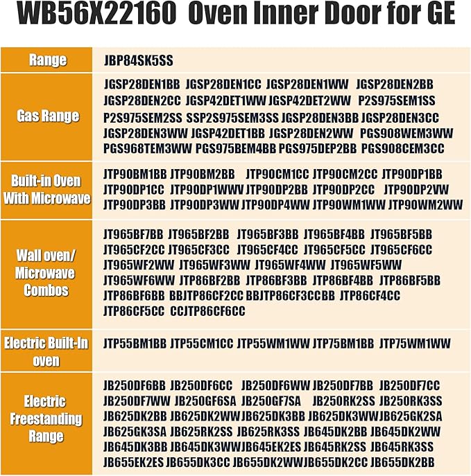 WB56X22160 WB55T10154 Range Oven Inner Door Glass Compatible with GE Range/Electric Oven/Wall Oven, Double-Layer Glass, Replacement Part Number: WB56T10152, WB55T10191, WB56X26391, 3379163