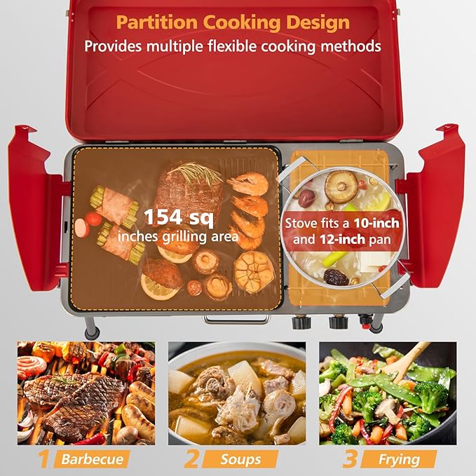 2-Burner Gas Camping Stove, Portable BBQ Grill with Detachable Legs, Roast Grill & 3-Sided Wind Screen, 22,000 Total BTUs of Power, Outdoor Propane Burner Grill Stove for Picnic (Red)