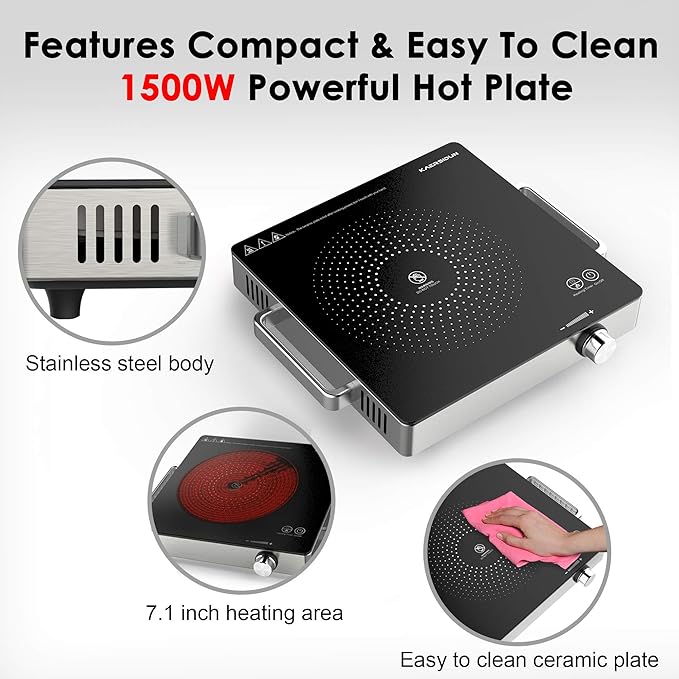 Hot Plate Electric Single Burner 1500W Portable Burner for Cooking with Adjustable Temperature & Stay Cool Handles, Stainless Steel Easy To Clean, Non-Slip Rubber Feet, Compatible for All Cookwares