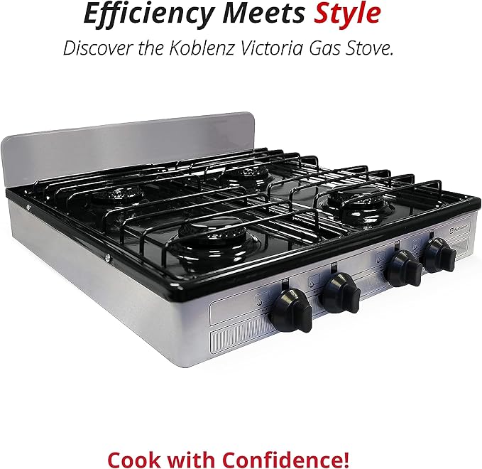Koblenz PSK-400S 4 Portable Porcelain Cover and Four 16,000 BTU Burners, Stainless Steel Stove for Propane Gas, Silver