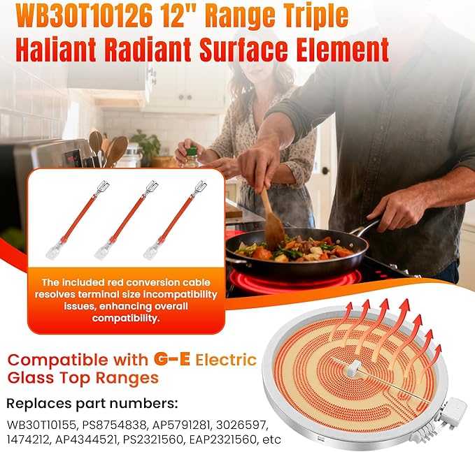 WB30T10126 12" Range Triple Haliant Radiant Surface Element Compatible with G-E Electric Glass Top Ranges, Replaces WB30T10155 1474212 AP4344521 PS2321560 EAP2321560 by Fetechmate