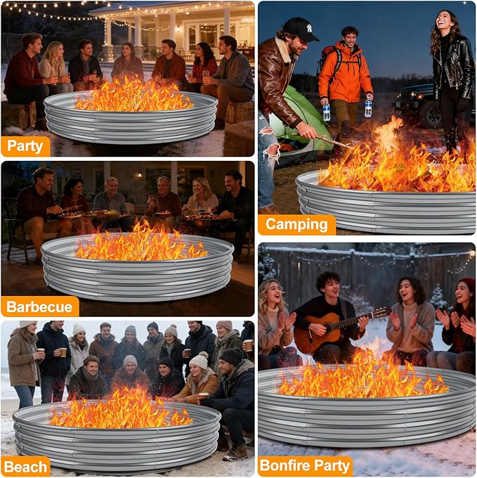Heavy Duty 60 Inch Fire Pit Ring - 0.8mm Thick Galvanized Steel, Rust Resistant, Tool-Free Assembly, Large Outdoor Fire Pit for Camping, Backyard, Patio, Garden, Also Use as Planter