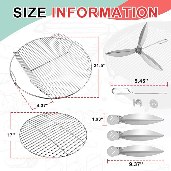 Round Replacement Grates for Weber 22'' Kettle Charcoal Grill,7436 Cooking Grate & 7441 Charcoal Grate for Weber One-Touch/Master-Touch/Performer Series Grill, with 7444 One-Touch Cleaning System Kit