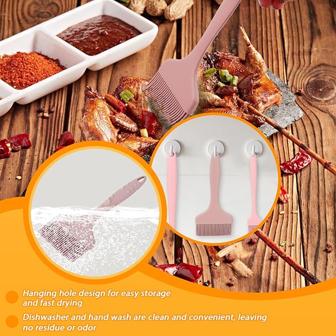 LELE LIFE 3 Sizes Silicone Basting Brush, Extra Large Heat Resistant Pastry Brush Spread Oil Butter Sauce Marinade for BBQ Grilling Baking Kitchen Food Cooking (Pink)