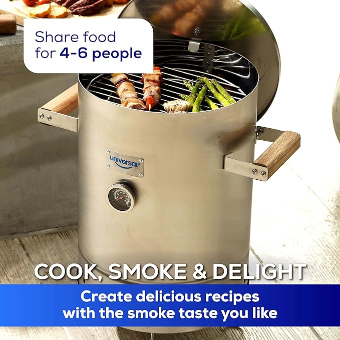 Universal (6-pound) Stainless Steel (Small) Charcoal Barrel Smoker with Thermometer & Airlock system - 16.5"x 21.18" x ⌀11.81", 2 in 1 Vertical Smoker - Grill and Smoker, 6-serving Slow Cooking Smoker