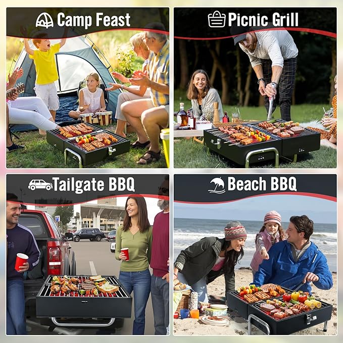 Portable Charcoal Grill, Table Top Small BBQ Grill For Outdoor, Camping, Beach, Easy Assembly, Heavy Duty & Multi-Use Small Grill, Black (270 Sq.In)