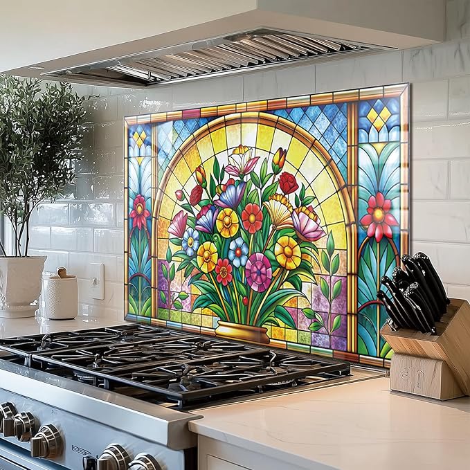 fzxwyishu Tempered Glass Backsplash for Kitchen,Stove Splashback Protector Mosaic Window Design | Heat-Resistant Splash Board, Kitchen Wall Decoration