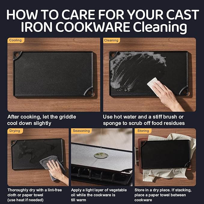 EWFEN Reversible Grill/Griddle, 16.7x9.5'' Pre-Seasoned Cast Iron Griddle Pan, Double Burner Cookware, Rectangular Non-Stick Stovetop Griddle with Handles, Flat Top Plate for Oven, Grill & Campfire