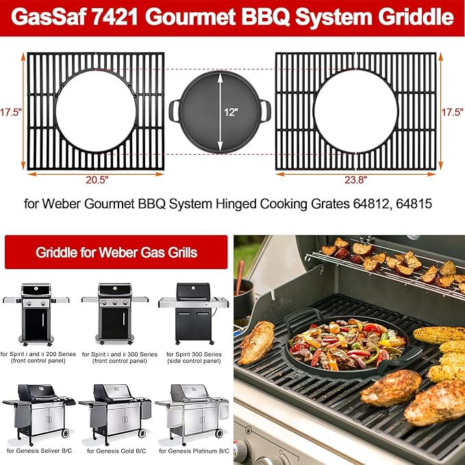 GasSaf 7421 Gourmet BBQ System Griddle for Weber 22 1/2 Inch Original Kettle Premium Charcoal Grills, 22.5'' Smokers, Performer Premium Grills Insert, 12" Round Cast Iron Griddle for 8835 64812 64815