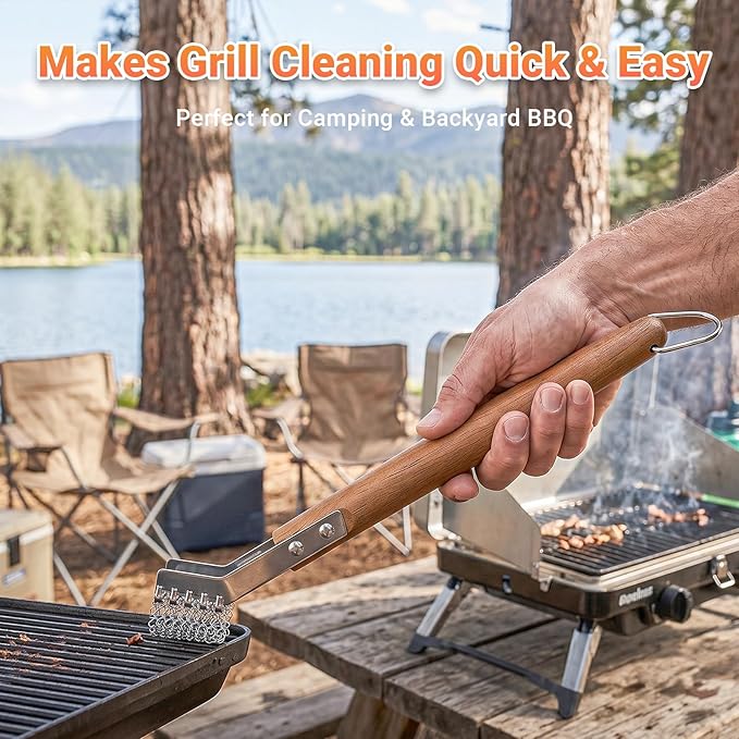 House Again Grill Scraper, Mesh Ring Grill Brush for Wire Grates & Rod Grates, Safe Barbecue Scraper with Long Wooden Handle for Outdoor BBQ & Camping-Griller Gifts for Men