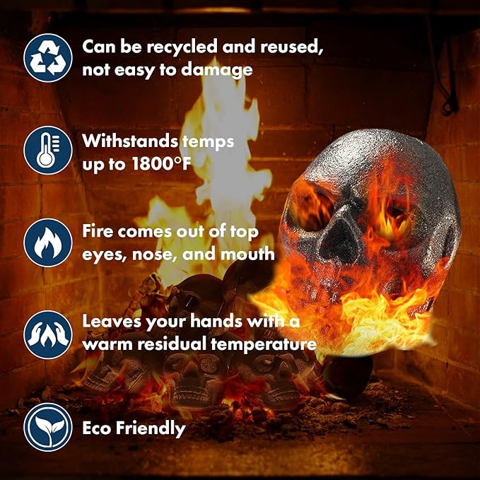 Metal Human Skull Gas Log Set of 8 for Indoor or Outdoor Fireplaces, Fire Pits, and Halloween Decor, Fireproof & Refractory Creepy Skull Charcoal for Spooky Home Decoration, Durable for 10+ Years Gift