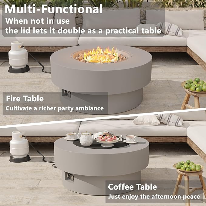 32.5 inch Outdoor Propane Fire Pit Table, 50000 BTU Round Patio Fire Pit Table with Lid, Waterproof Cover, 10ft Gas Hose & Gas Tank Base, Lava Rocks, CSA Certified, Grey