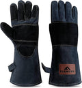 16-Inch Leather Firewood Gloves - Double Layer Full Lining with Fireproof Thread Stitching - for Smokeless Fire Pit Outdoor Cooking, Welding, Bite & Scratch Proof Against Pets - Black, G0301