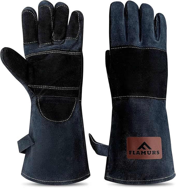 16-Inch Leather Firewood Gloves - Double Layer Full Lining with Fireproof Thread Stitching - for Smokeless Fire Pit Outdoor Cooking, Welding, Bite & Scratch Proof Against Pets - Black, G0301