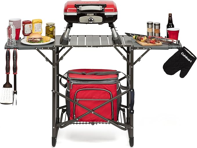 Cuisinart CGG-750 Portable, Venture Gas Grill, Red & CGS-134BL Grilling Tool Set with Grill Glove, Black (3-Piece)