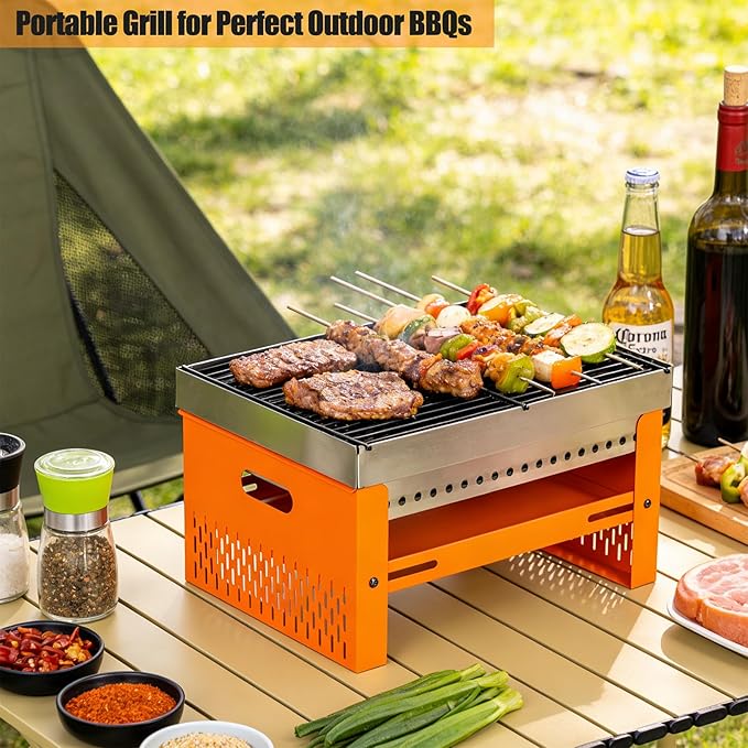 Portable Charcoal Grill, Small Tabletop BBQ, Foldable Mini Hibachi, Stainless Steel Camping Grill, Compact Outdoor Cooker for Picnic, Tailgating Chac Grl 002P (Orange)