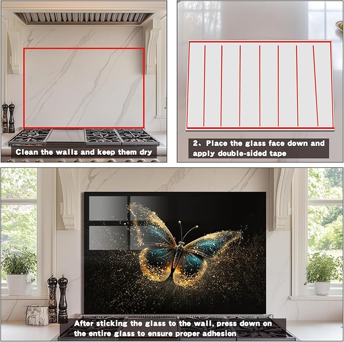 Evgosm Tempered Glass Backsplash for Kitchen， Stove Splashback, Butterfly Glass Backsplash, Used for Kitchen Wall Protection and Decoration, Easy to Install and Clean. (30x20'')
