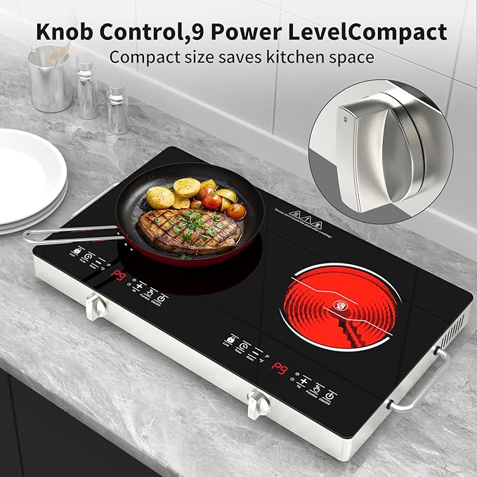 GIHETKUT Electric Cooktop,110V 2400W Stove top, Countertop Cooktop with 9 Power Levels, LED Display,Child Safety Lock, Timer,Knob and Touch Control 2 burner Electric cooktop