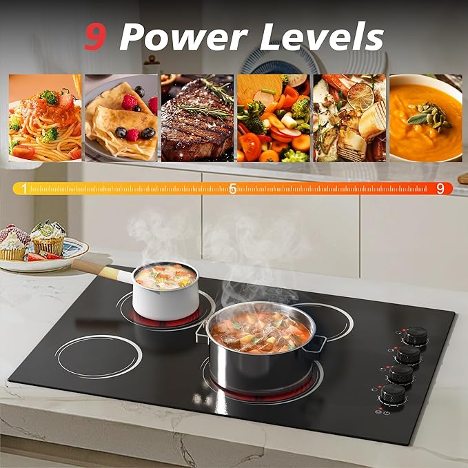 30 Inch Electric Cooktop 4 Burners with Knob Control,6700W Built-in Radiant Electric Cooktop, 9 Power Levels, Hot Warning, 220V Hard Wire(No Plug)