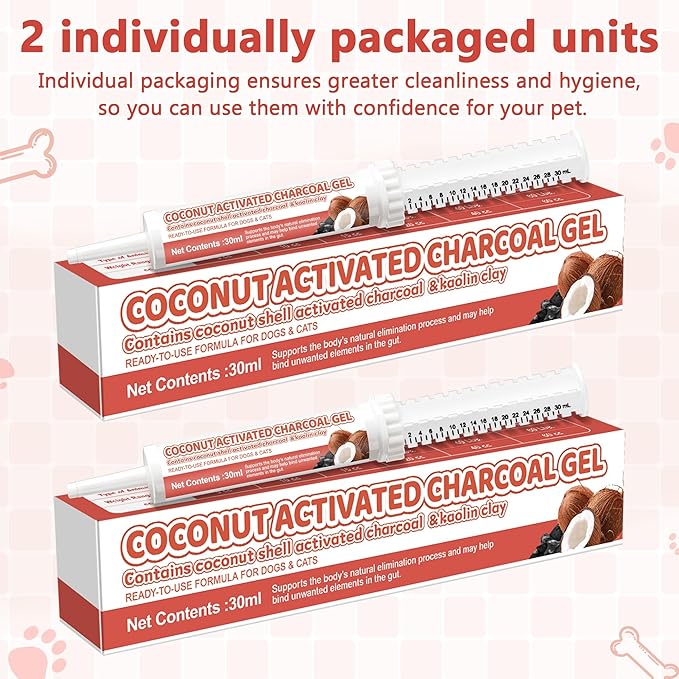 Activated Charcoal Paste for Dogs Cats, Puppy & Pet Poisoning Kit, Toxin Absorber for Pet Emergency, Aids Digestive System Recovery, 2 Tubes, 30 ml Each