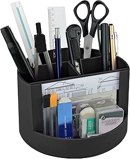 Acrimet Compact Desktop Organizer, 4 Spacious Slots, Round Pencil and Accessories Holder with Photo Slot, Ideal for Office, Art Supplies, Vanity Storage, and Home Organization (Black Plastic)