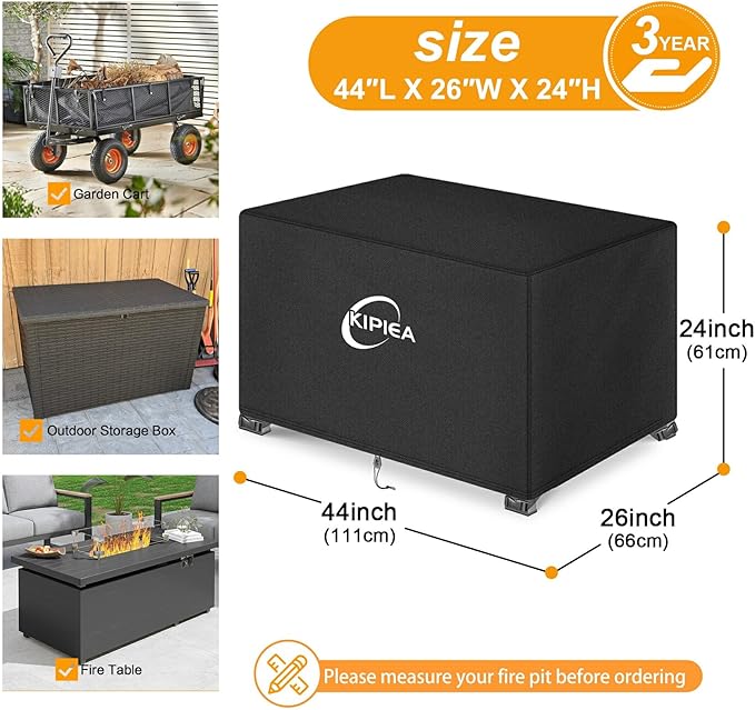 Kipiea Rectangular Fire Pit Cover – Upgraded 600D Heavy Duty, 100% Waterproof Propane Fire Table Cover, UV and Tear Resistant Outdoor Fire Pit Table Cover for 44" L x 26" W x 24" H, Black