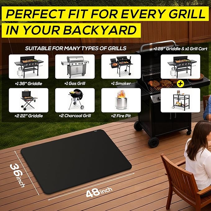 FLASLD Under BBQ Mat, 36x48 inches Large Under Grill Mats for Outdoor Grill, Double-Sided Fireproof Protective Mat, Oilproof Waterproof BBQ Fire Pit Fireplace Mat