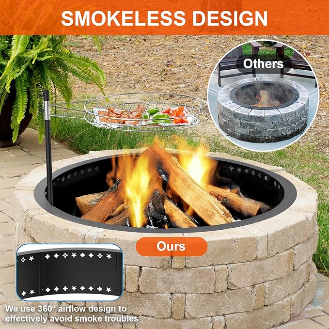 36inch Fire Pit with Grill, DIY Smokeless Firepit Bowl Metal Fire Rings for Outside, Large Round Smokeless Firepit Insert, Heavy Duty Carbon Steel Fire pits for Camping and Patio