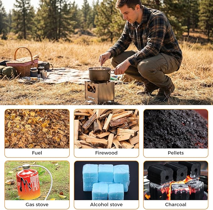 COOK'N'ESCAPE Portable Wood Burning Stove, Foldable Stainless Steel Camp Burner with Titanium Grill Plate and Ash Tray, Secondary Combustion Survival Gear for Hiking Outdoor Tent Camping Picnic BBQ