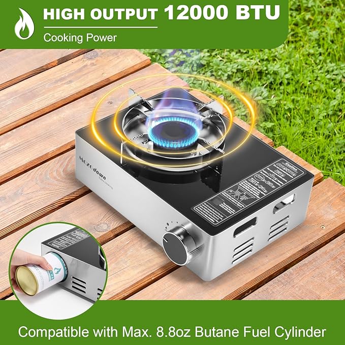 Portable Gas Stove with Case, 12000 BTU Butane Stove with Wind Guard, Single Burner Camp Stove for Home Kitchen, Camping, Picnics, Hiking, Fuel Not Included